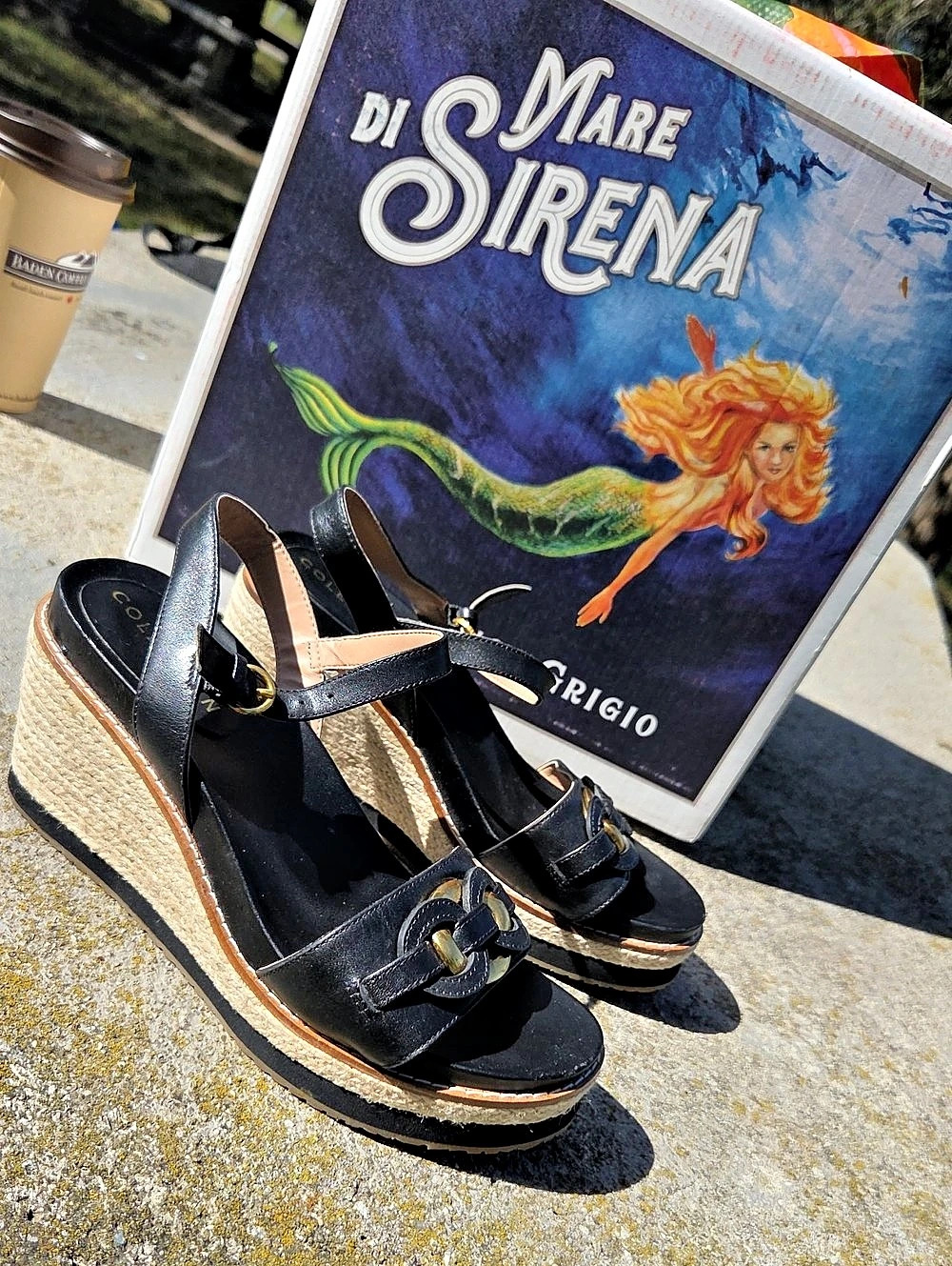 Cole Haan Cloudfeel Espadrille Link Wedge Sandals Black & Gold